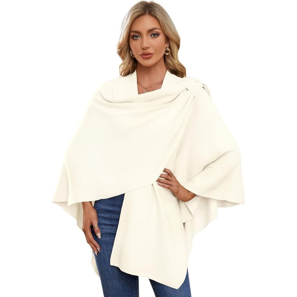 Women's 1-ivory Cross Front Poncho Sweater Wrap Knitted Elegant Shawls Cape - Picture 5 of 6